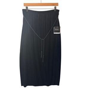 NWT Black Velvet Midi Skirt Women's XL Size Rope Belt Tassels Whimsigoth Witchy